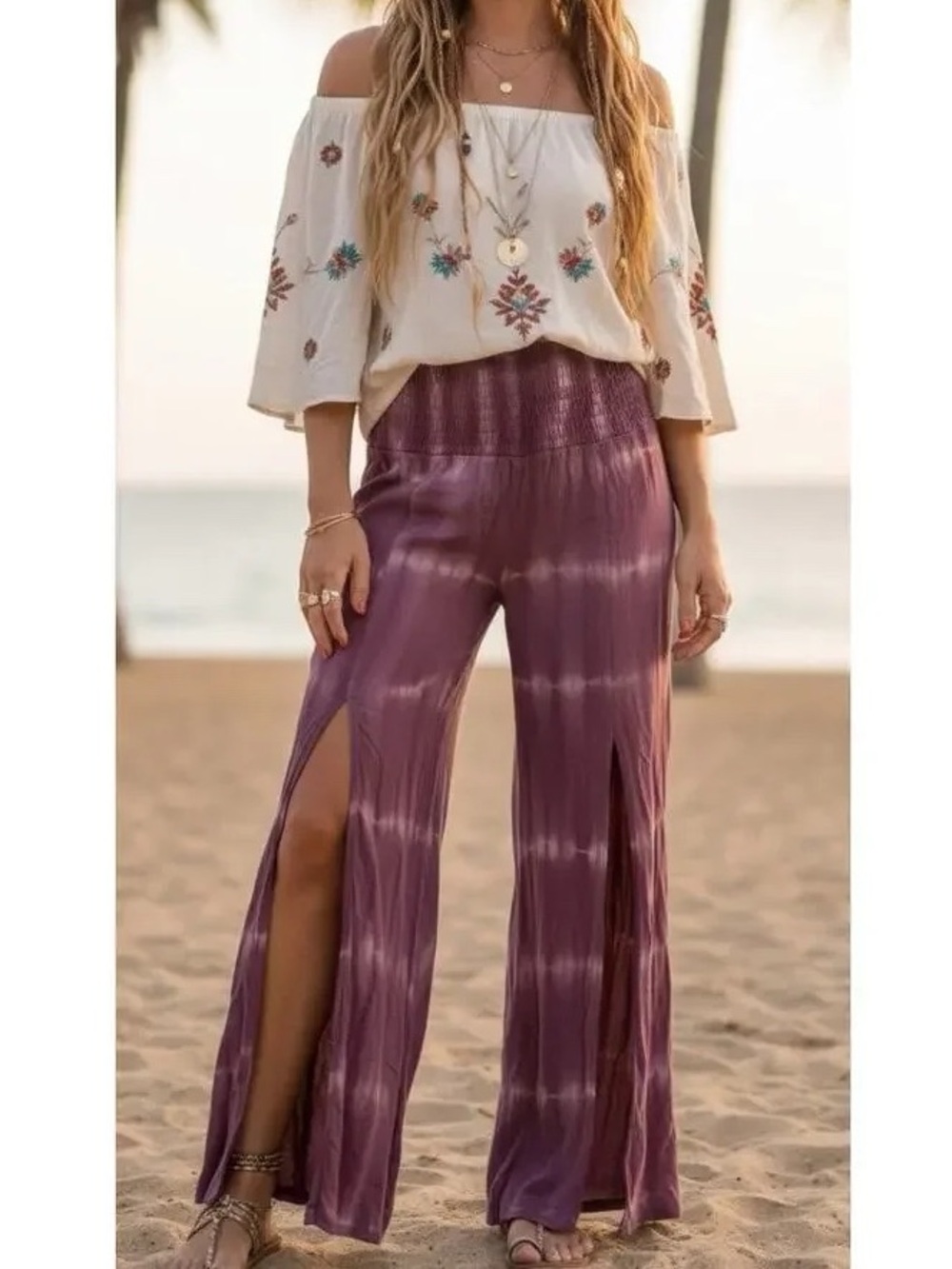 Hem & Thread Tie Dye Front Slit Wide Palazzo Pants Medium NWT